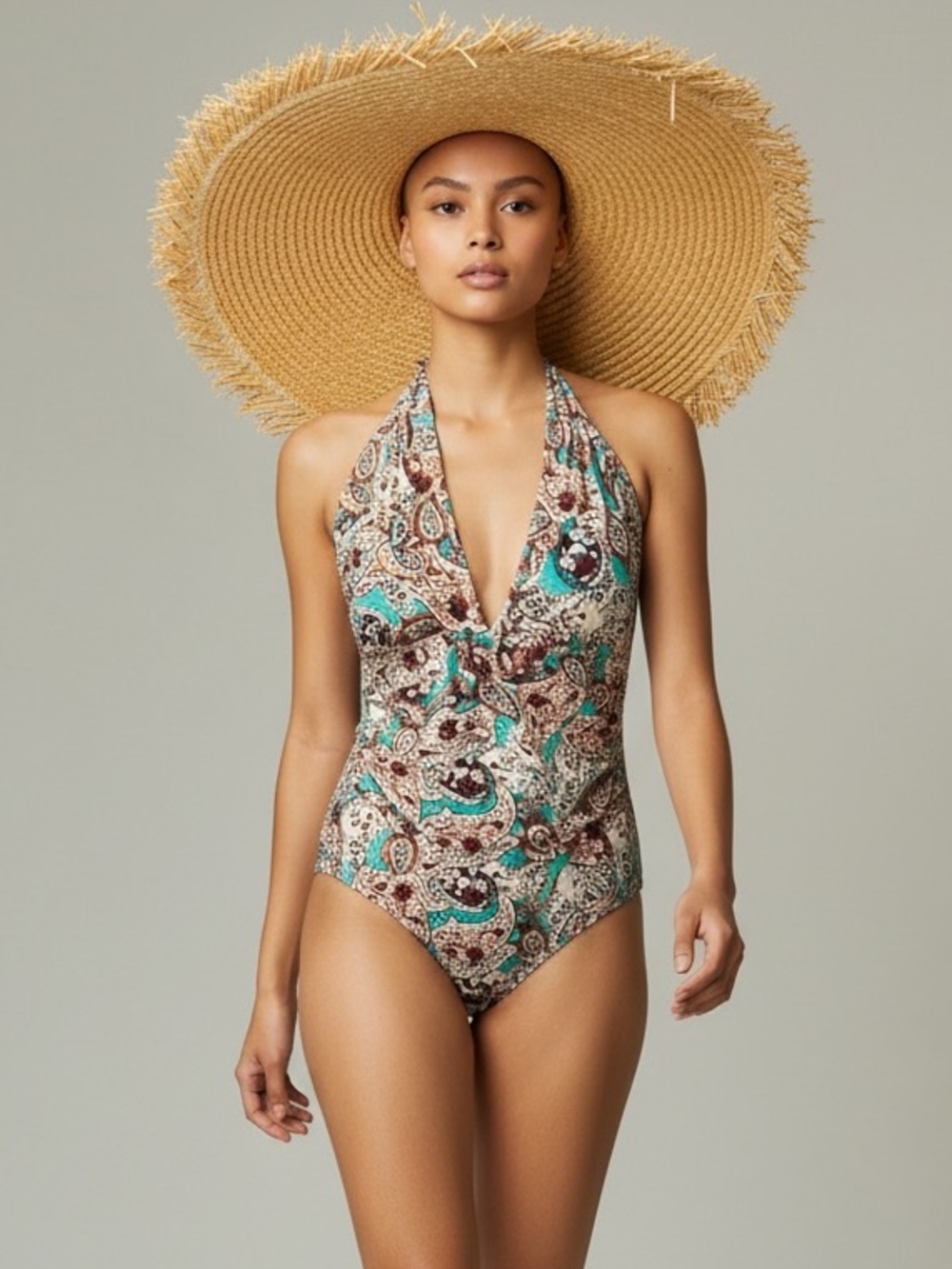 NEW•Zen Bohemian Paisley Teal & Cocoa Ruched Goddess Swimsuit•XL
